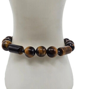 Brown Black Polished Tiger Eye Beaded Stretch Bangle Bracelet Vintage